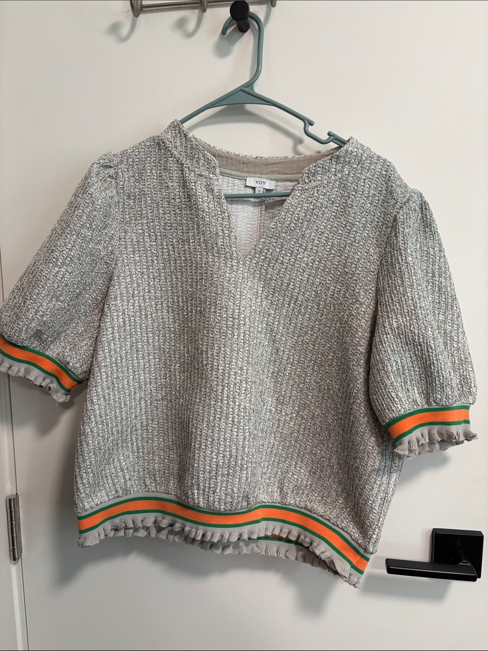 VOY Gray Textured Short-Sleeve Knit Top with Orange & Green Trim